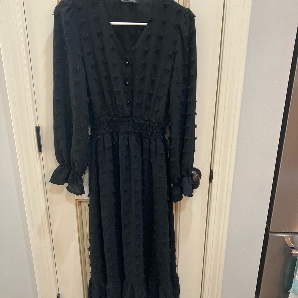 Women's Long Sleeved V-neck Swiss Dot Aline Ruffle Hem Maxi Dress Size Med